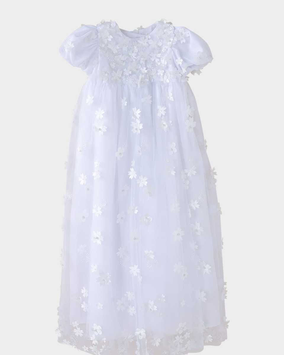 Girl's Lousie Scattered 3D Pearl Flower Christening Gown, Size 0-12